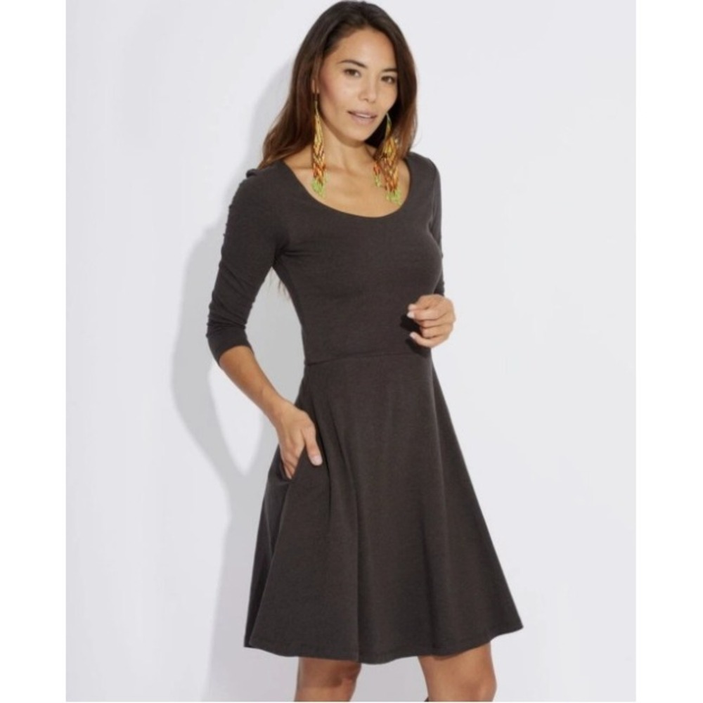 Pact Fit and Flare Dress Organic Cotton Taupe Brown Gray 3/4 Sleeve Pockets M